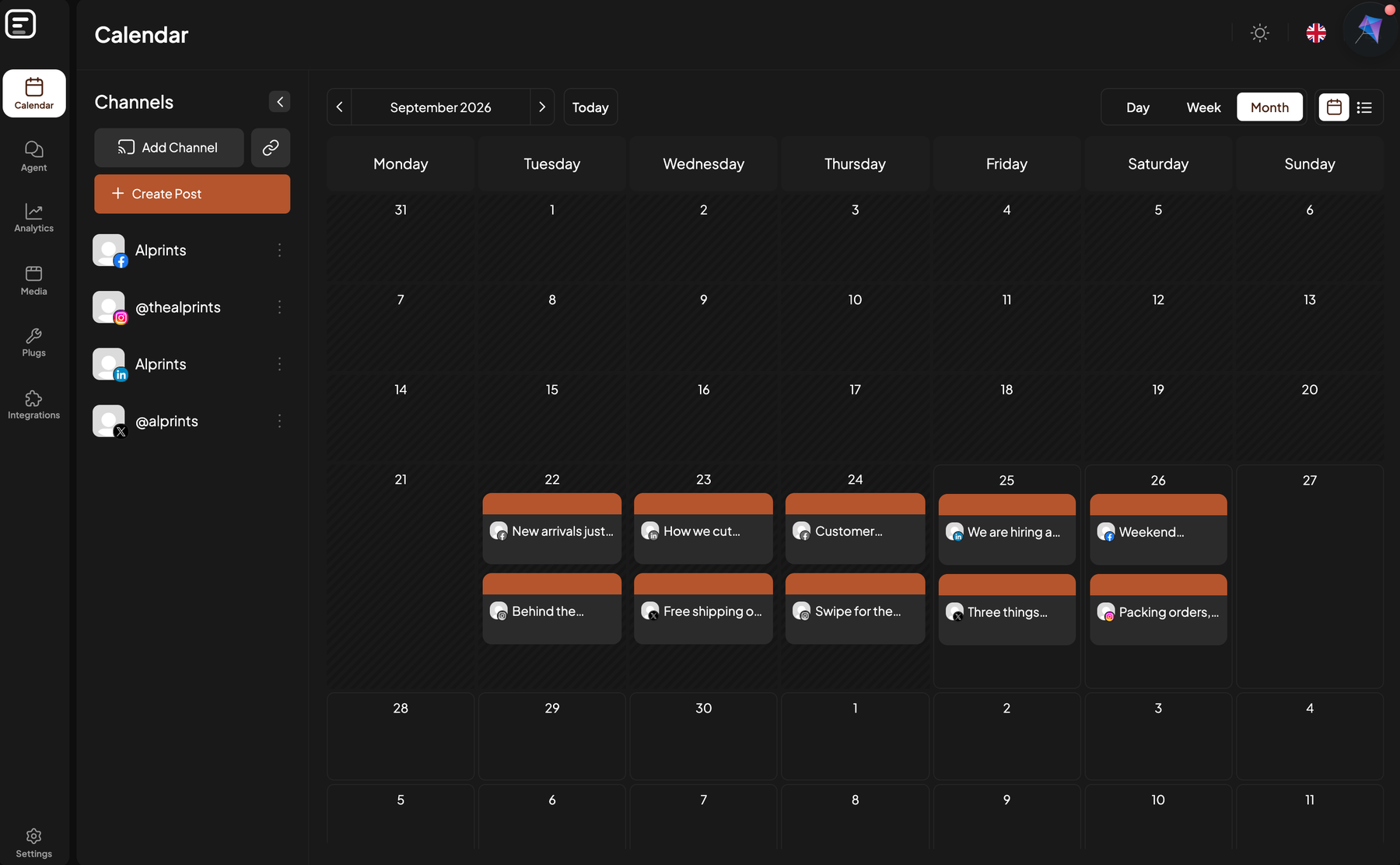 The Alprints calendar showing a month of scheduled posts across Facebook, Instagram, LinkedIn and X